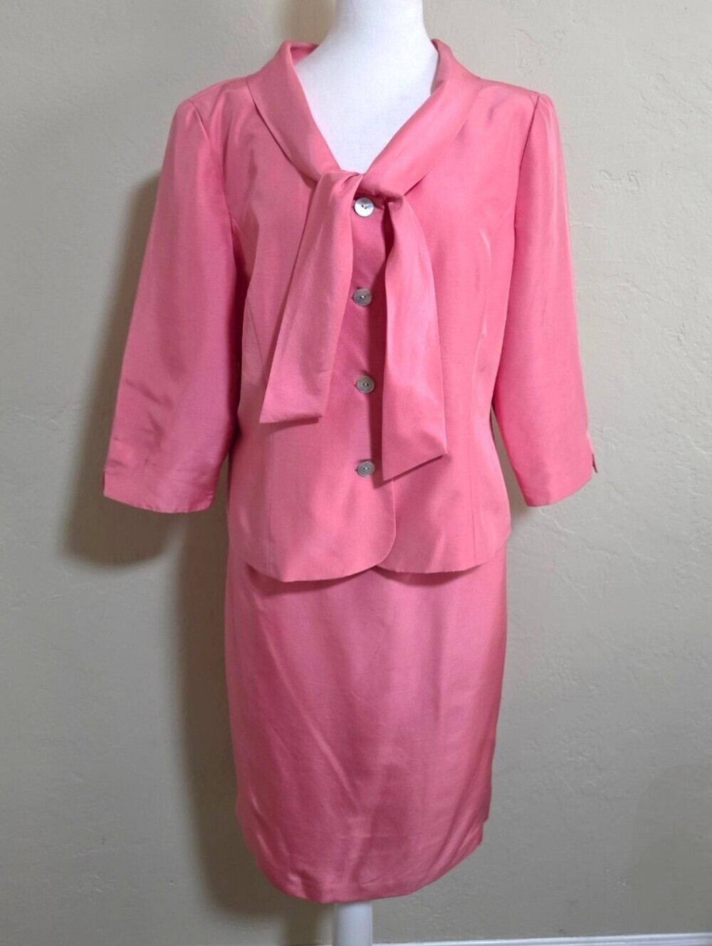 Talbots Vintage 1990s Coral Pink Pure Silk Skirt Suit, 16, Classic Timeless